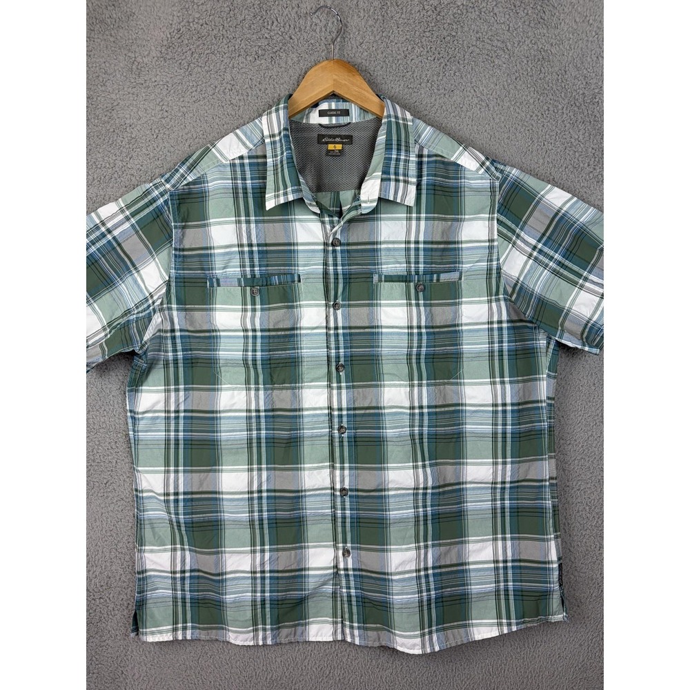 Eddie Bauer Shirt Mens 2XL Green Plaid Short Sleeve Button Quick Dry Outdoor Men